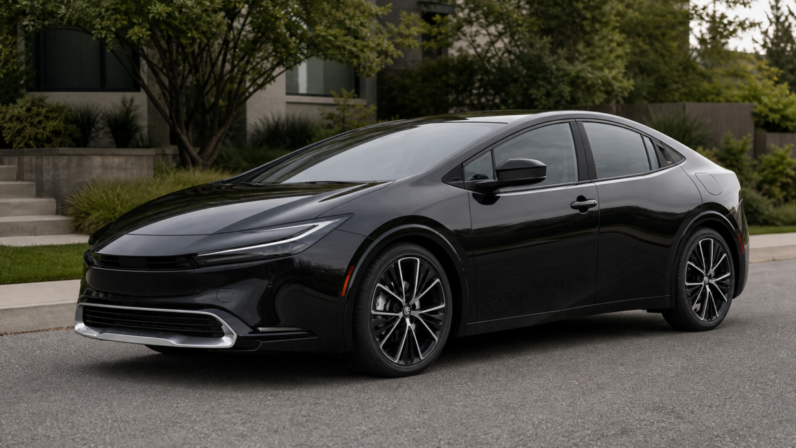 Black 2027 Toyota Prius plug-in hybrid photographed from the front three-quarter angle on a suburban road