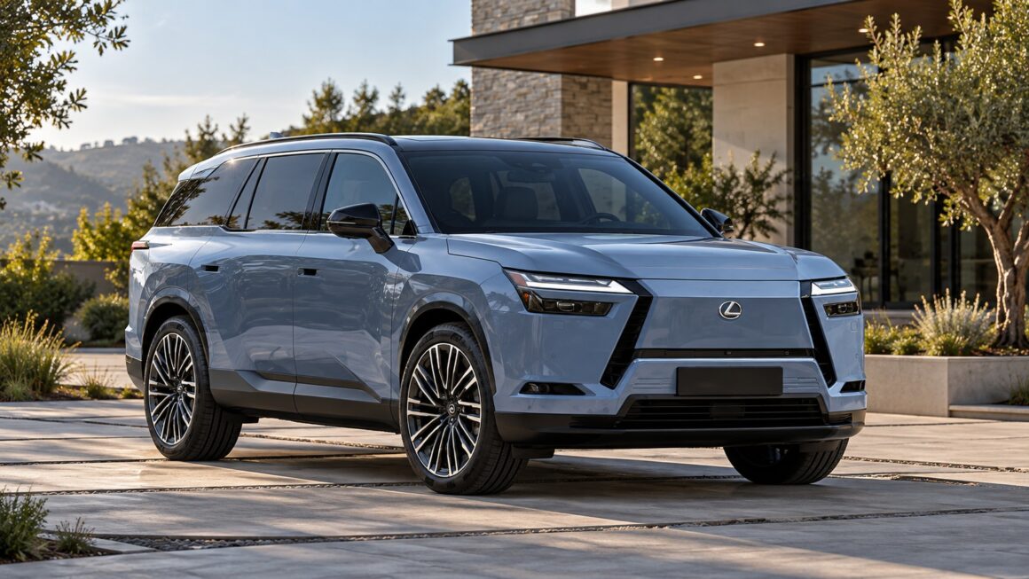 Light blue Lexus TZ electric SUV parked outside a modern house.