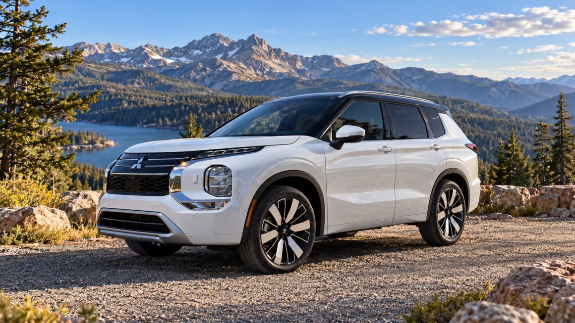 White Mitsubishi Outlander SEL parked at a mountain overlook.